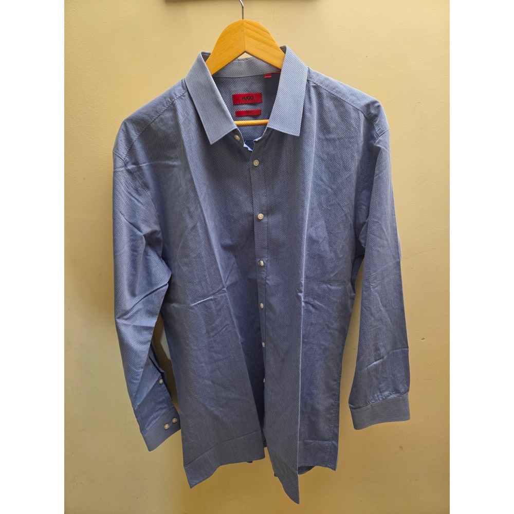 HUGO Hugo Boss Mens Slim Fit Dress Shirt Blue Micro Pattern Size 17 32/33